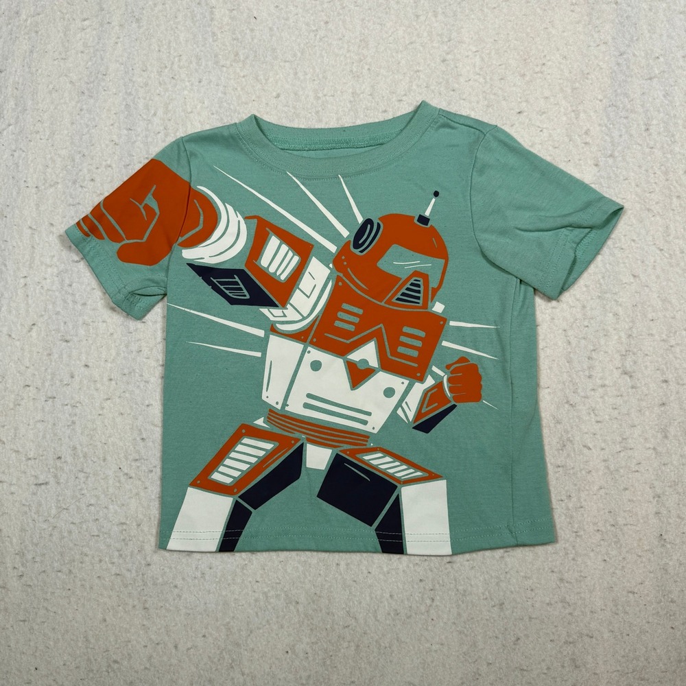 Carters Toddler Boys Teal Green Robot Graphic T-Shirt Size 3T Short Sleeve Tee